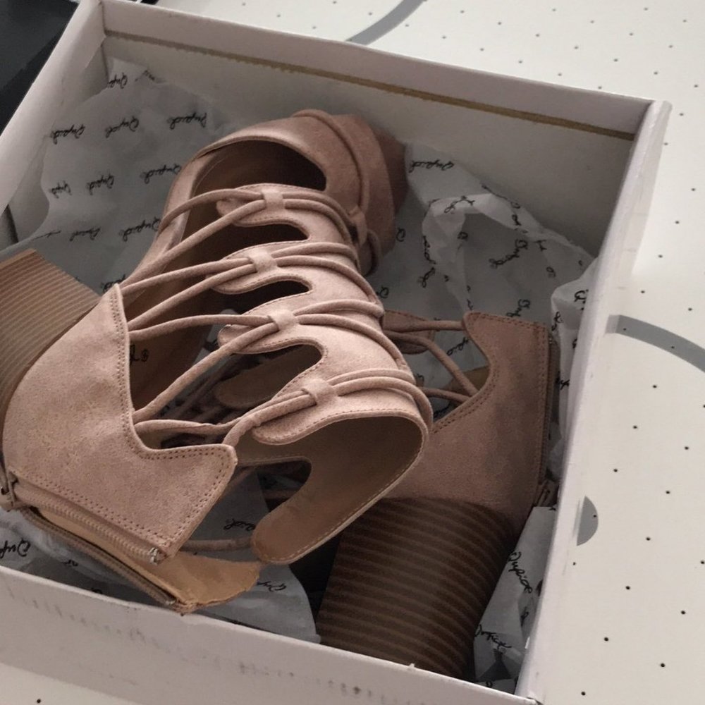 Qupid, Taupe, Peep Toe, Strappy Stacked Heels, Size 7